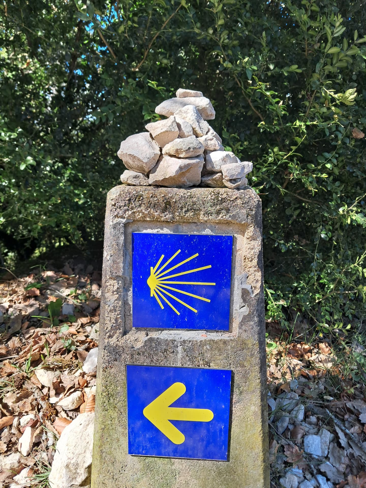 A stone Camino waymarker with the yellow shell and arrow, topped with a cairn of pebbles